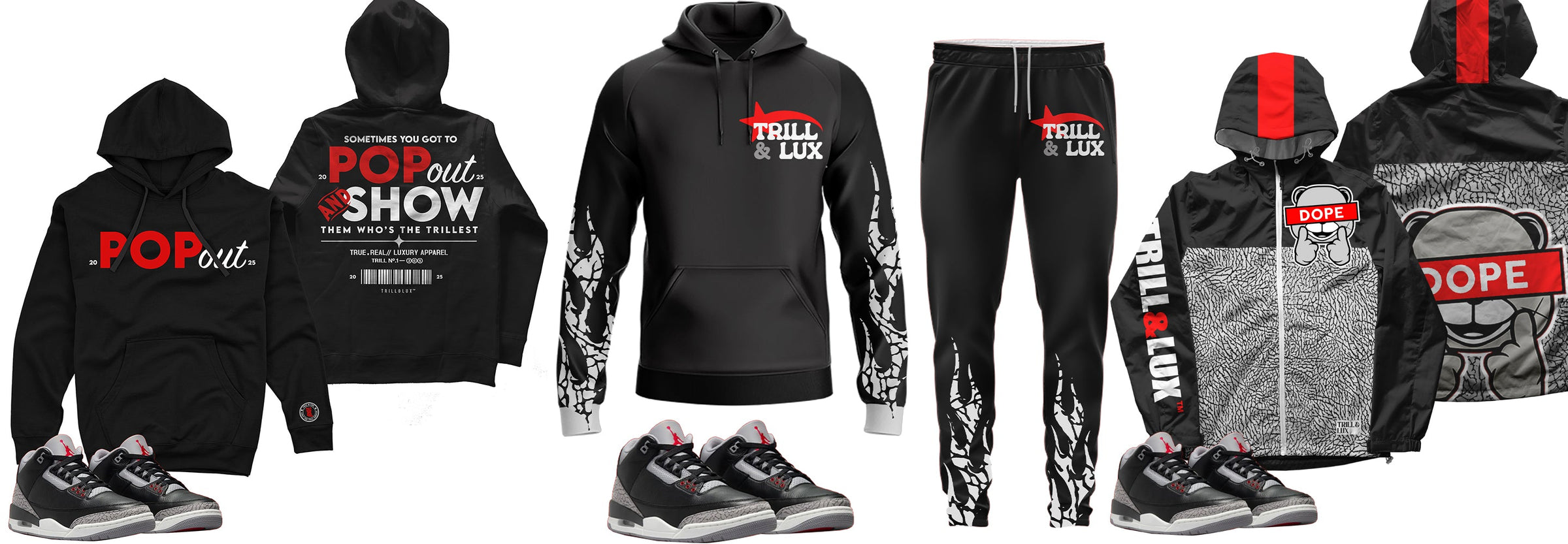 Air Jordan 3 Black Cement Matching Tees, Hoodies & Joggers Outfits