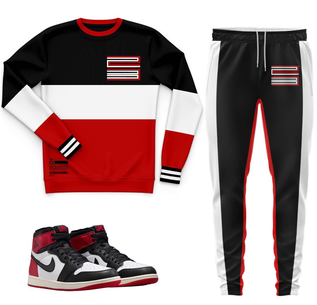 black, red and white sweatshirt and jogger outfit set with 23 on front with color block stripes done the side made to match jordan 1 black toe Reimagined shoes