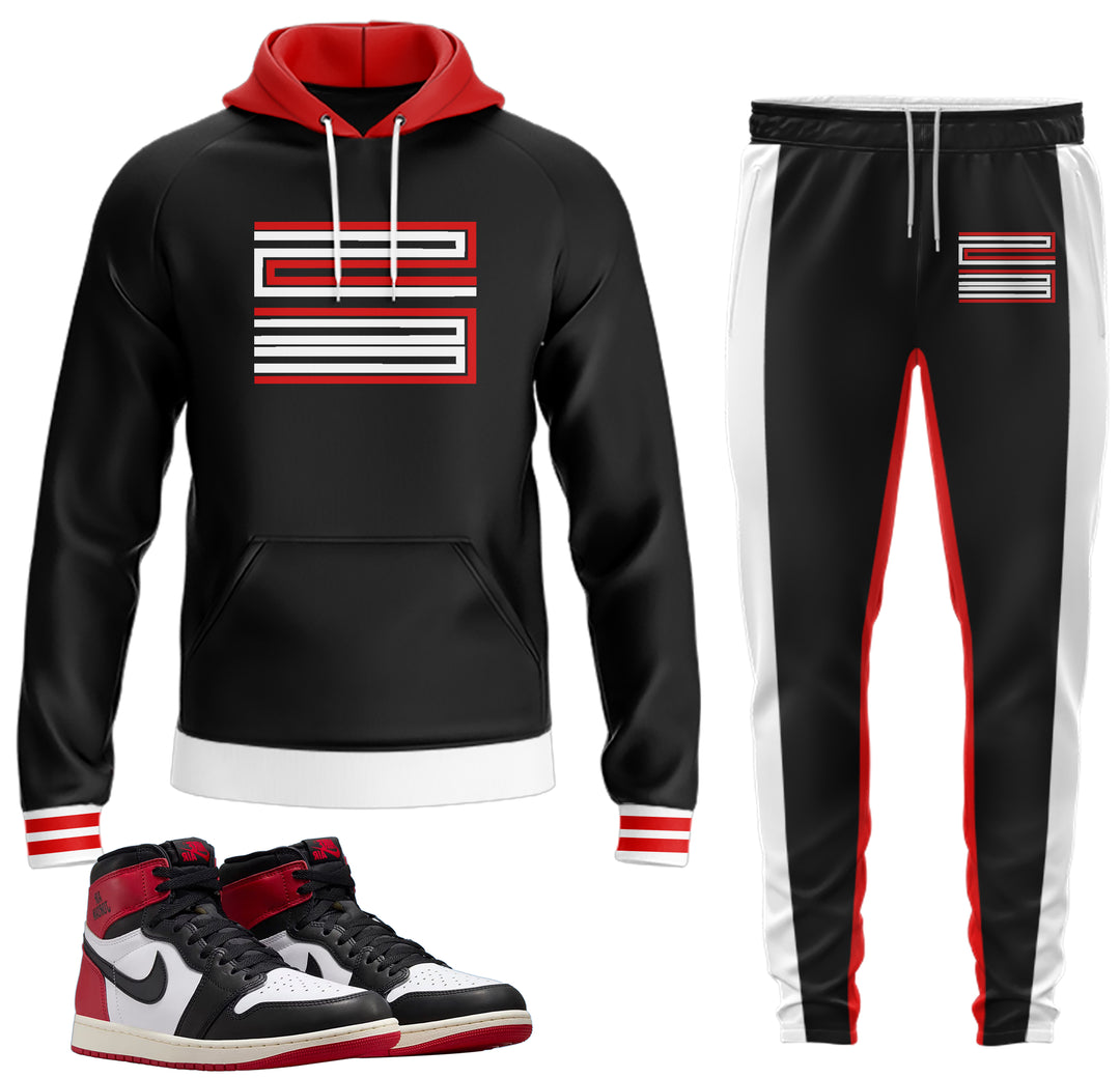 black, red and white Hoodie Pullover and jogger outfit set with 23 on front with color block stripes done the side made to match jordan 1 black toe Reimagined shoes