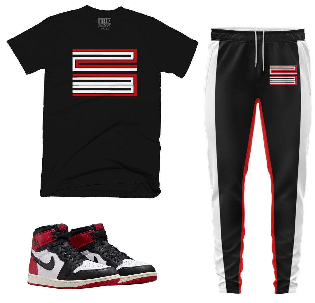 black t-shirt and jogger outfit set with 23 on front with color block stripes done the side made to match jordan 1 black toe Reimagined shoes