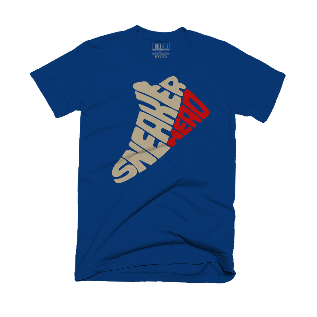 Navy T-shirt with an sneakerhead design on front.
