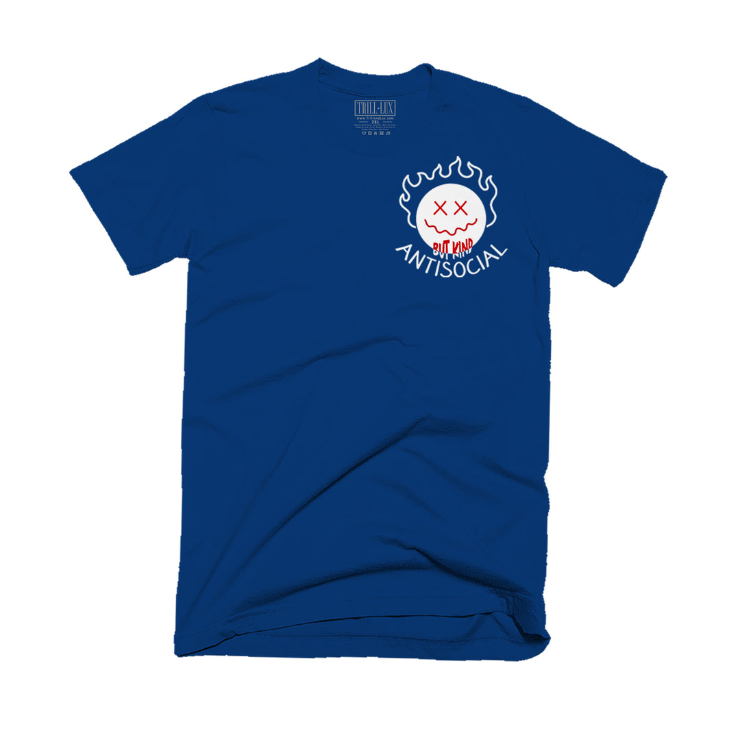 Navy T-shirt with an antisocial design on front.