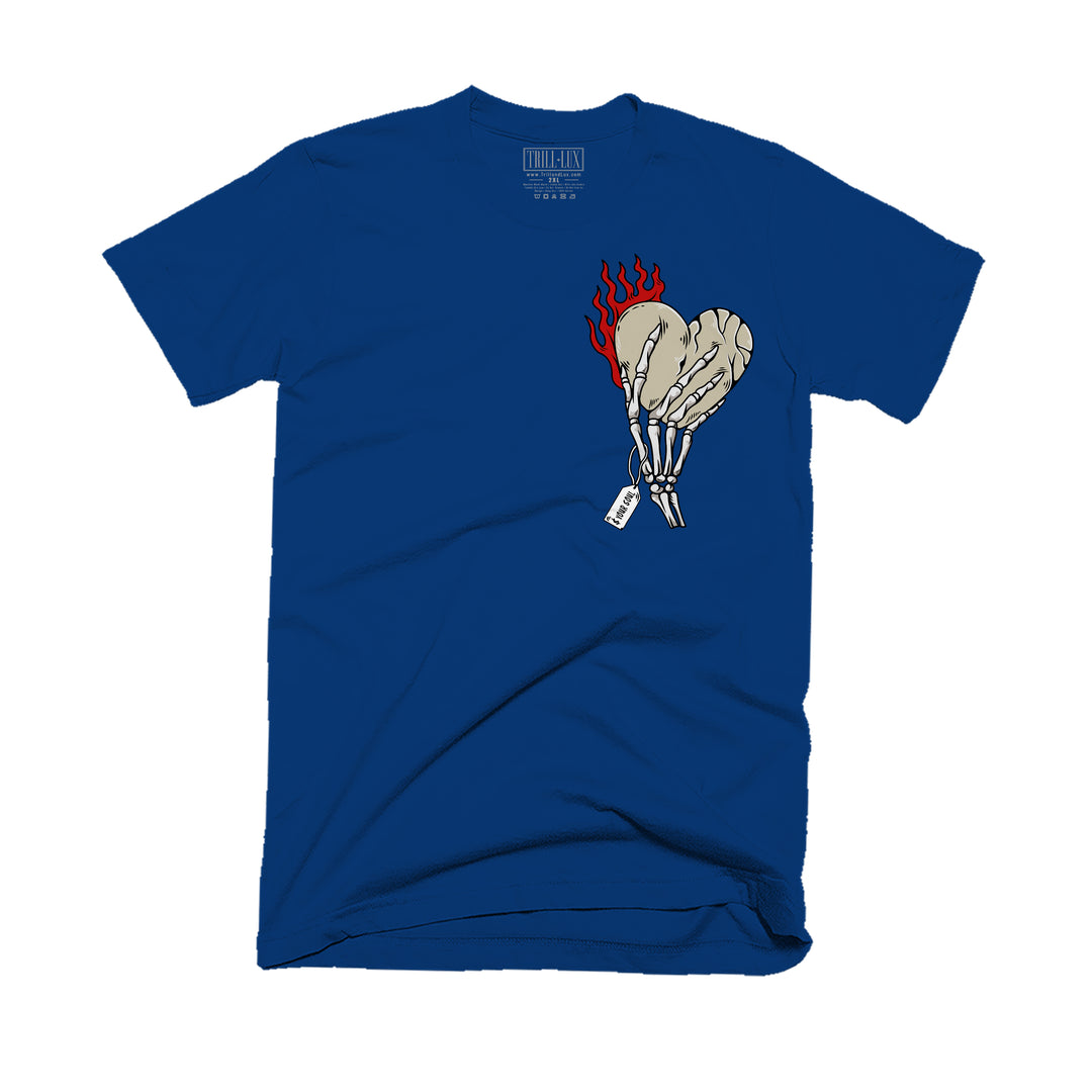 Navy T-shirt with an cost your soul design on front.