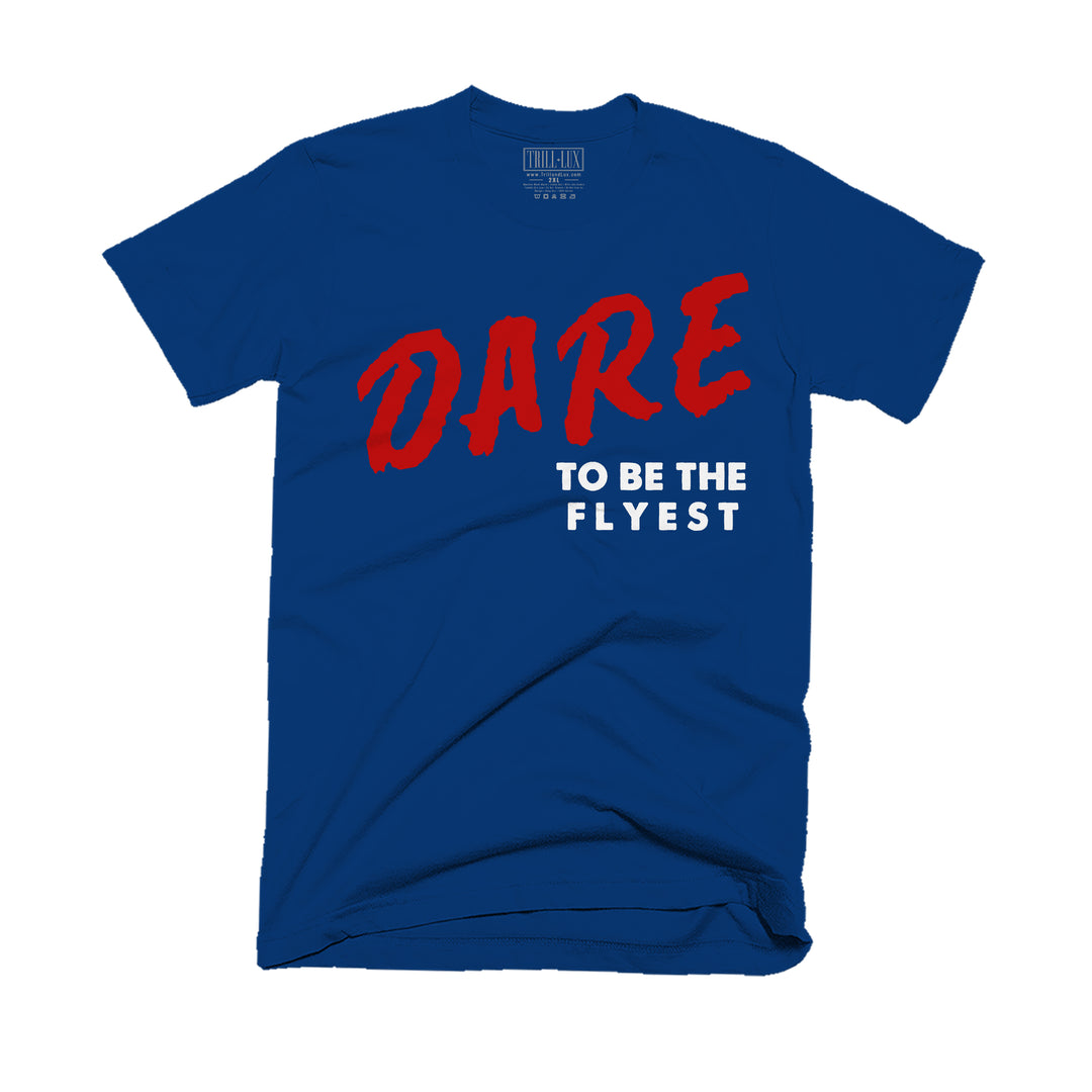 Navy T-shirt with an Dare design on front.