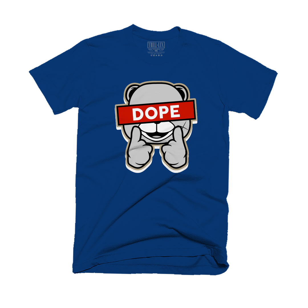 Navy T-shirt with an dope design on front.