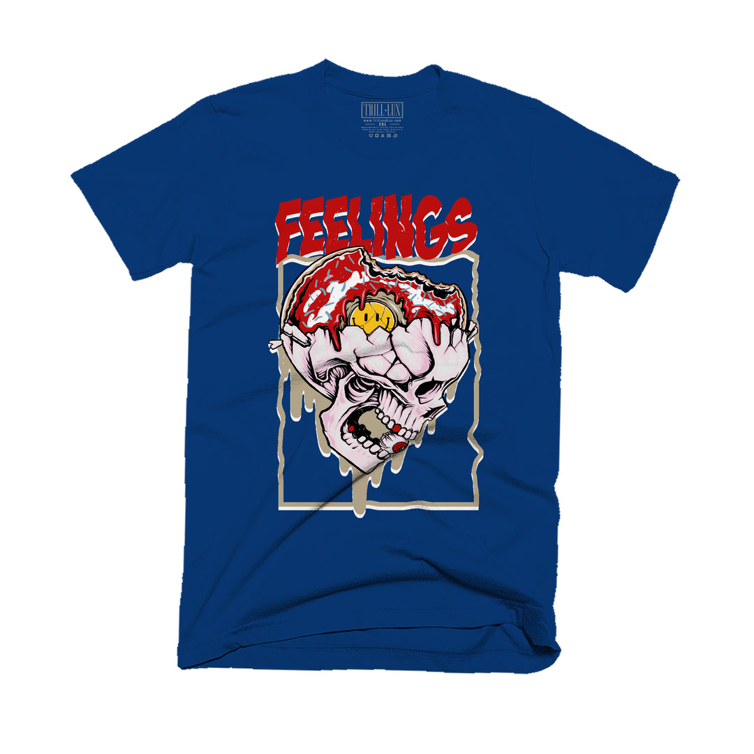 Navy T-shirt with an feelings v2 design on front.