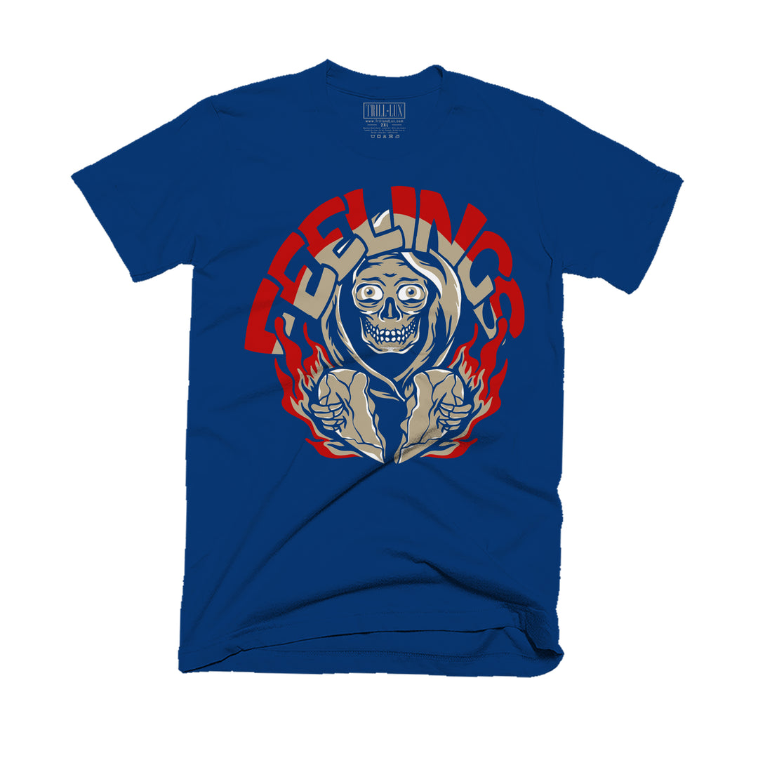 Navy T-shirt with an Feelings design on front.