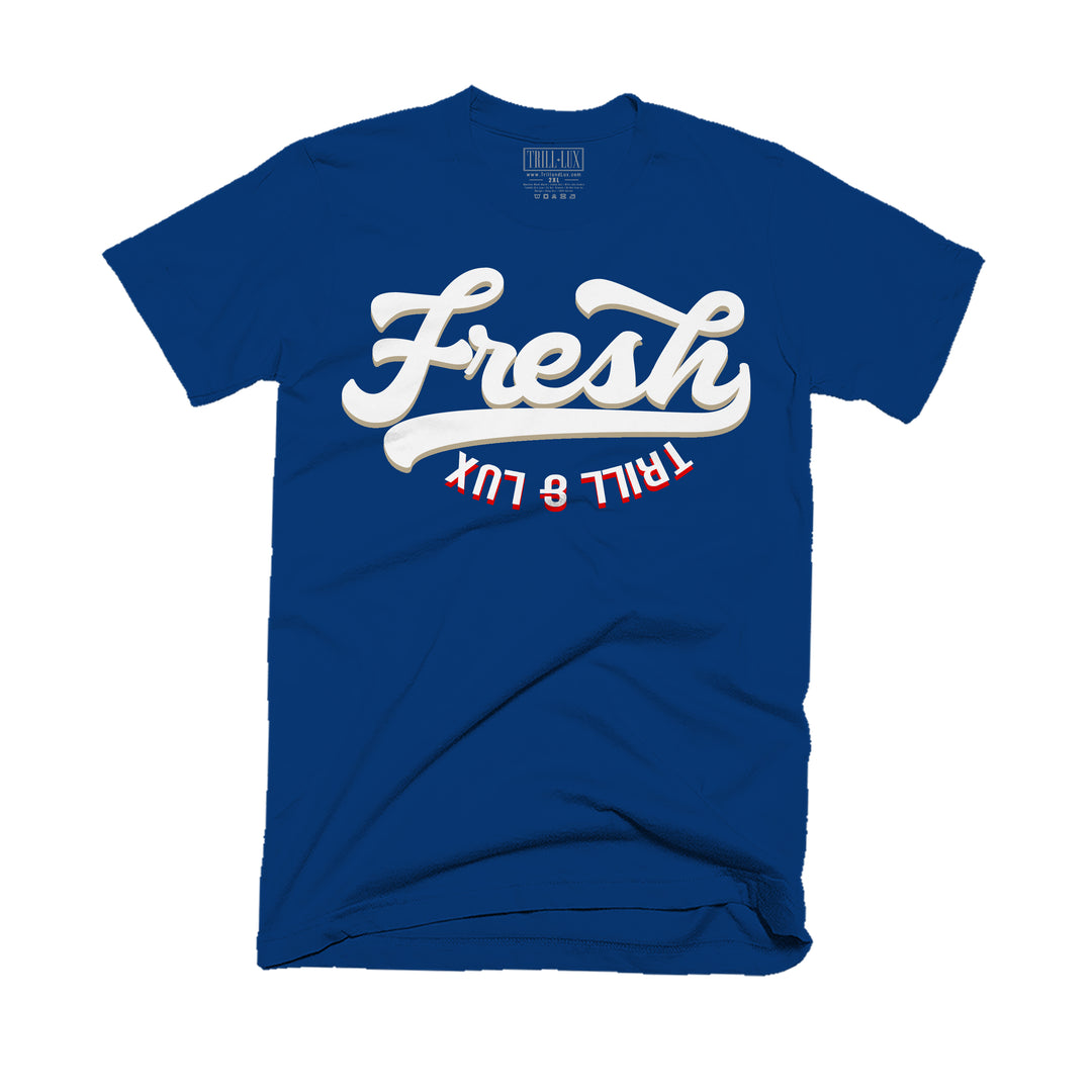 Navy T-shirt with an fresh design on front.