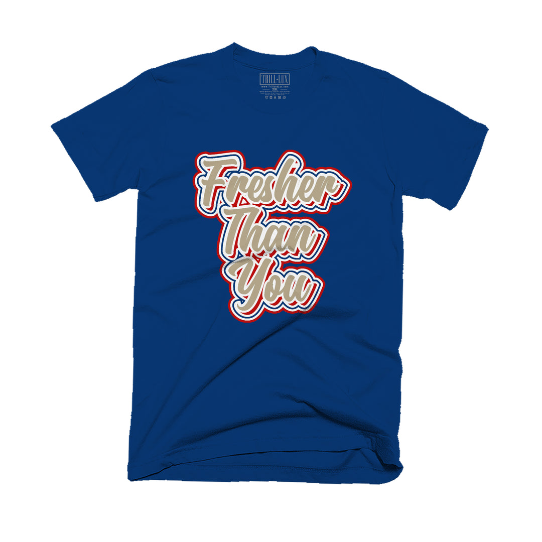 Navy T-shirt with an fresher design on front.