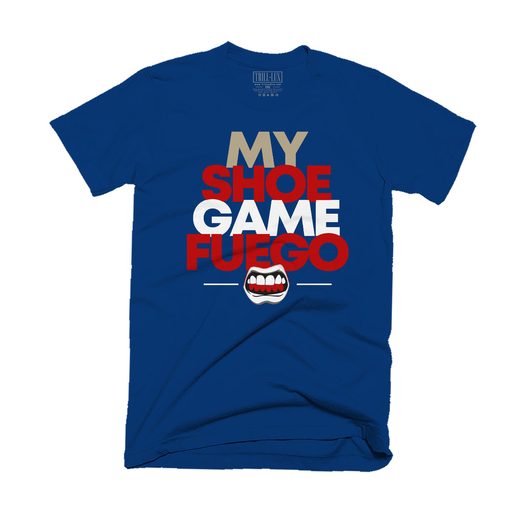 Navy T-shirt with a shoe game fuego design on front.