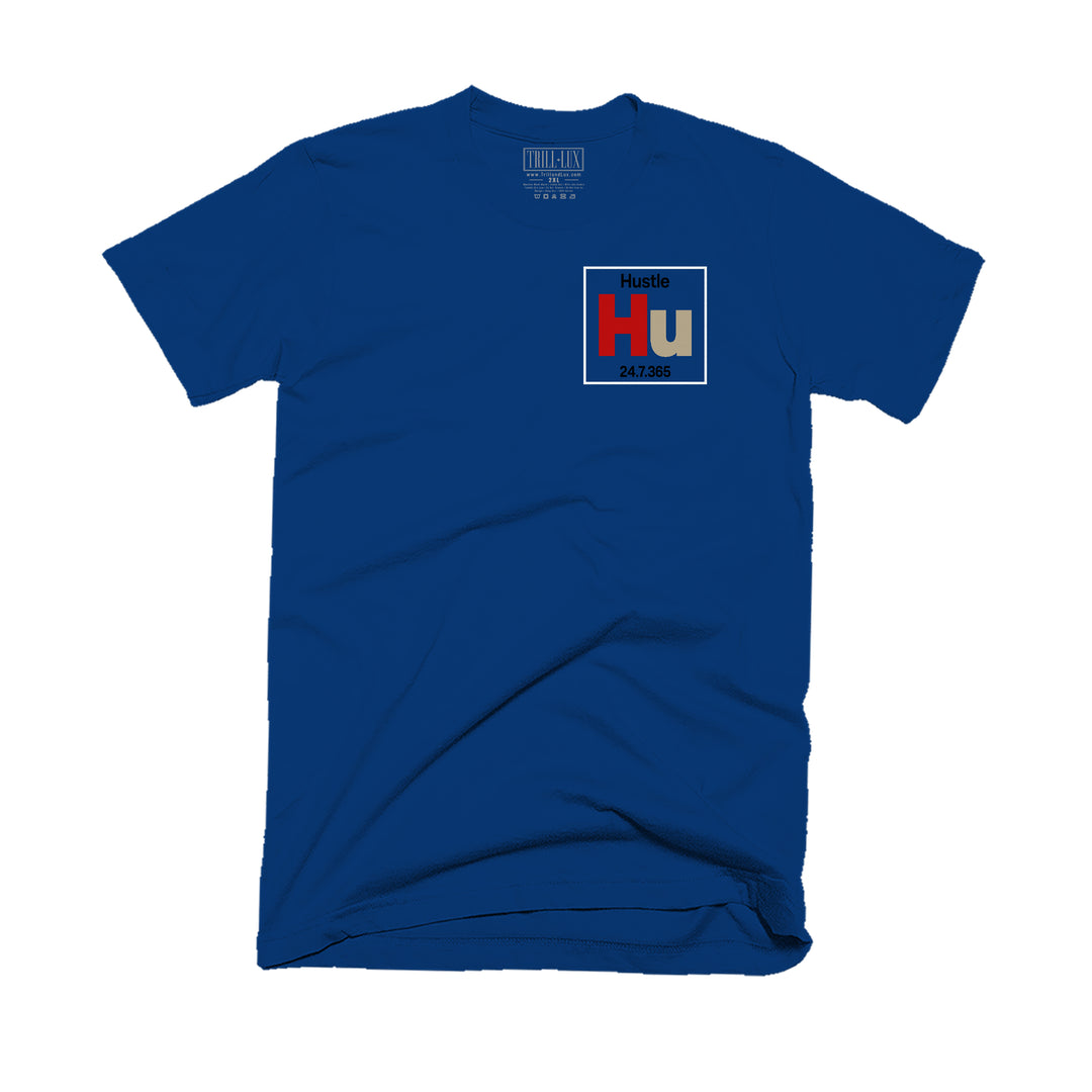Navy T-shirt with an Hustle design on front.