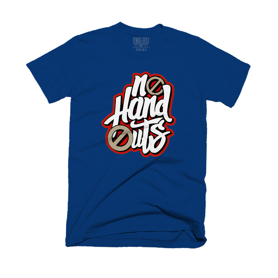 Navy T-shirt with an no handouts design on front.