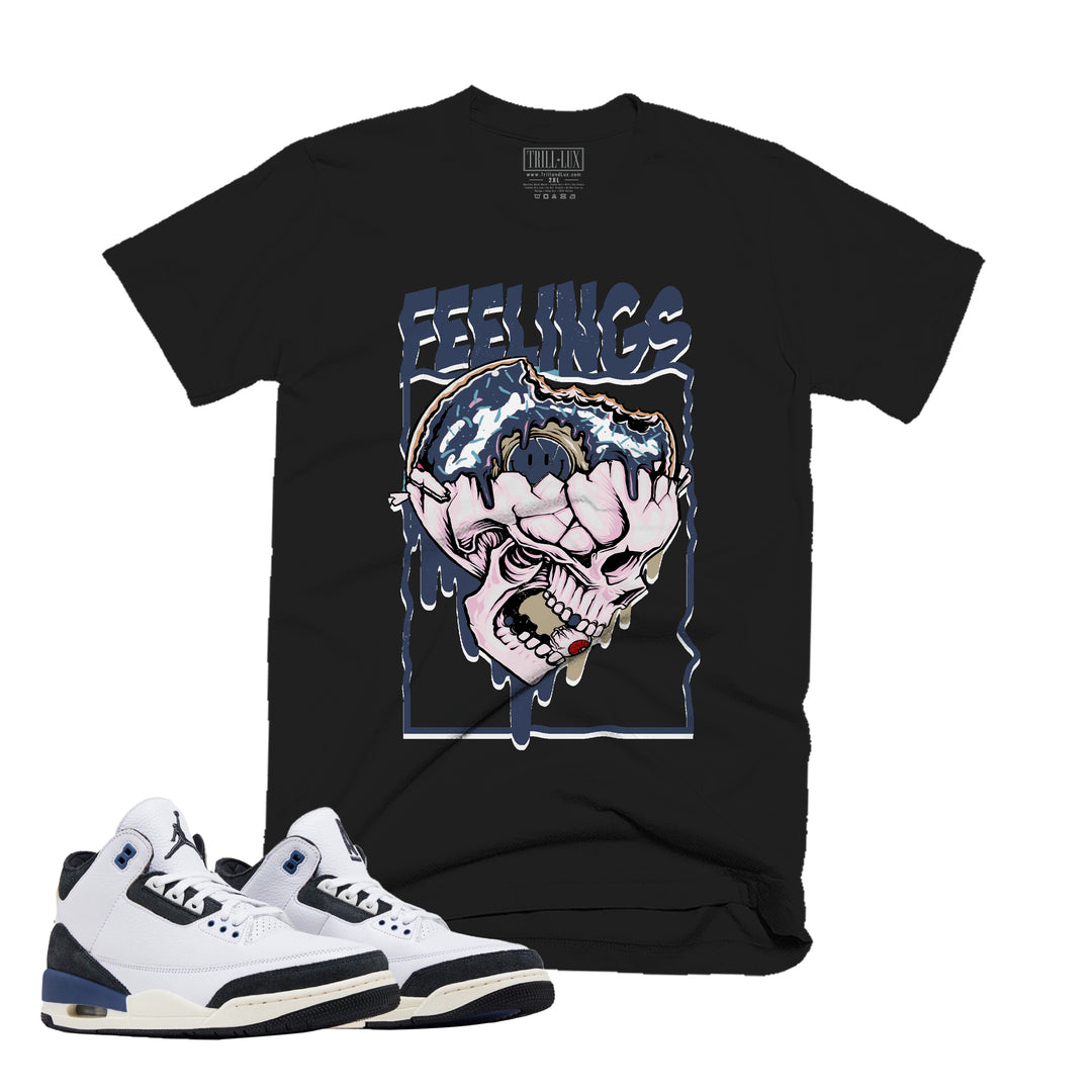 black T-shirt with a feelings design on front