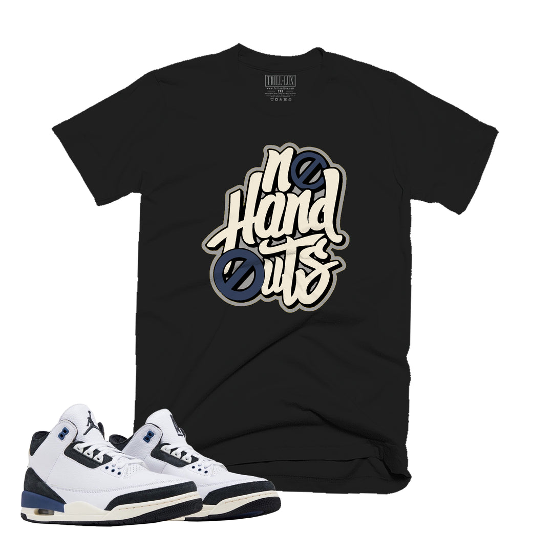 black T-shirt with a no handouts design on front