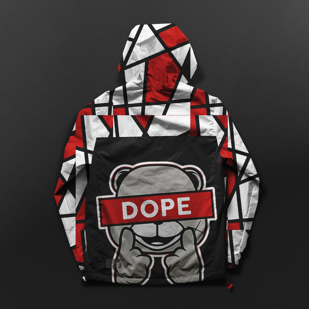 black, red and white color block pattern windbreaker jacket with dope bear on back made to match jordan 1 black toe Reimagined shoes
