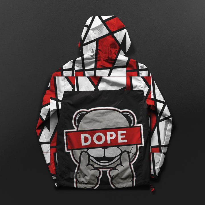 black, red and white color block pattern windbreaker jacket with dope bear on back made to match jordan 1 black toe Reimagined shoes