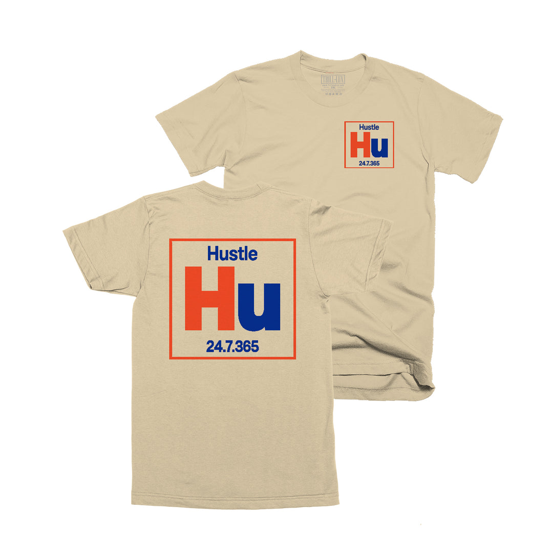 Tan T-shirt with a Hustle design on front and back made to match jordan 1 rare air sneakers