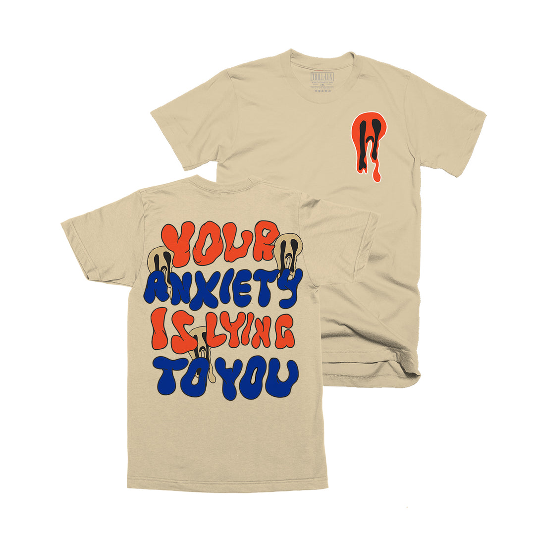 Tan T-shirt with an anxiety design on front and back made to match jordan 1 rare air sneakers