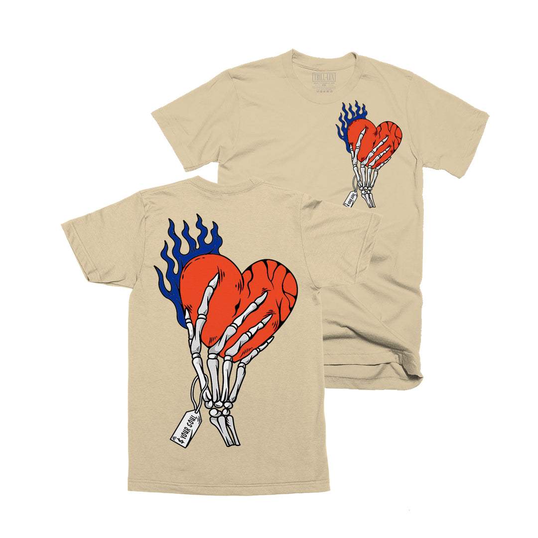 Tan T-shirt with an Cost your soul design on front and back made to match jordan 1 rare air sneakers