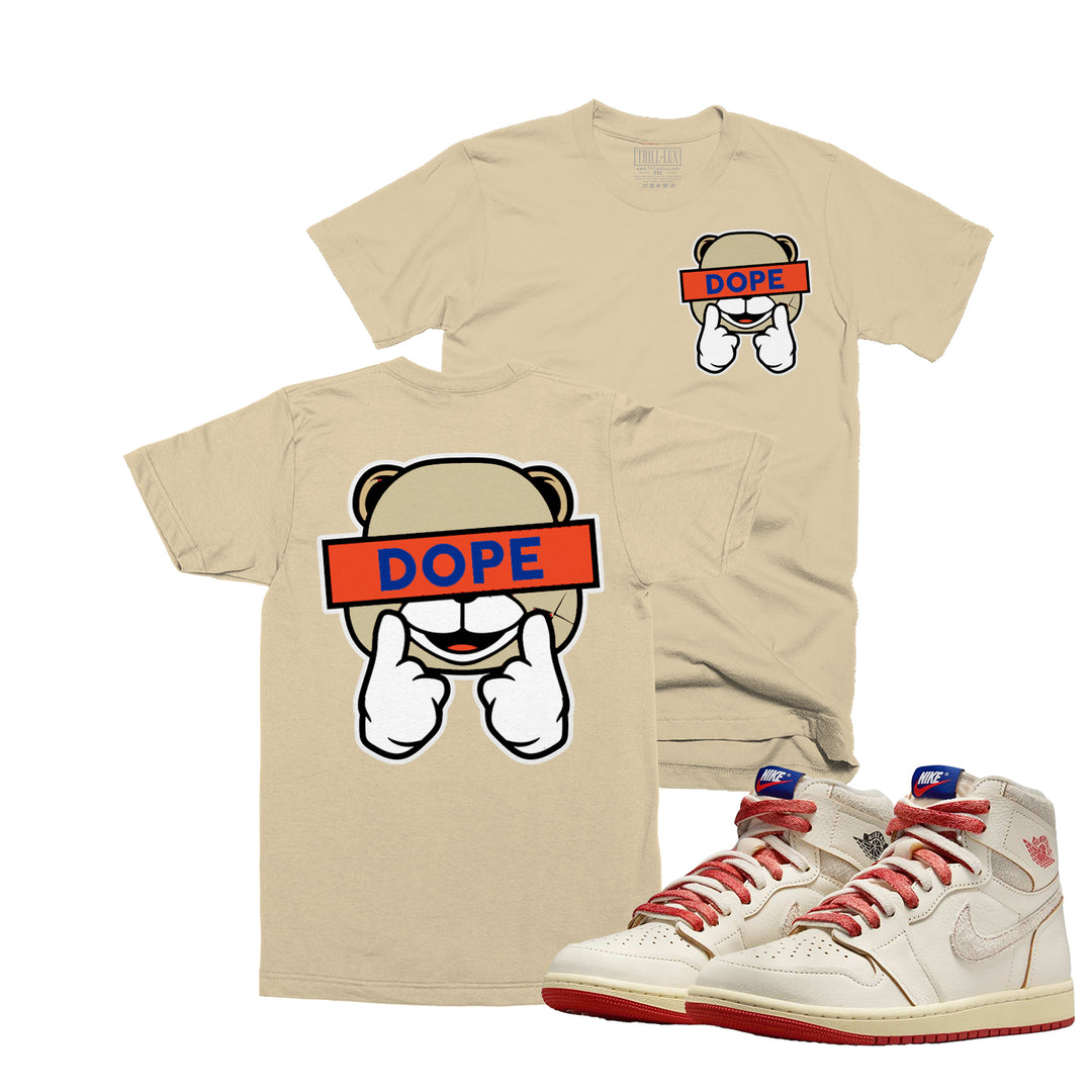 Tan T-shirt with an Dope Bear design on front and back made to match jordan 1 rare air sneakers