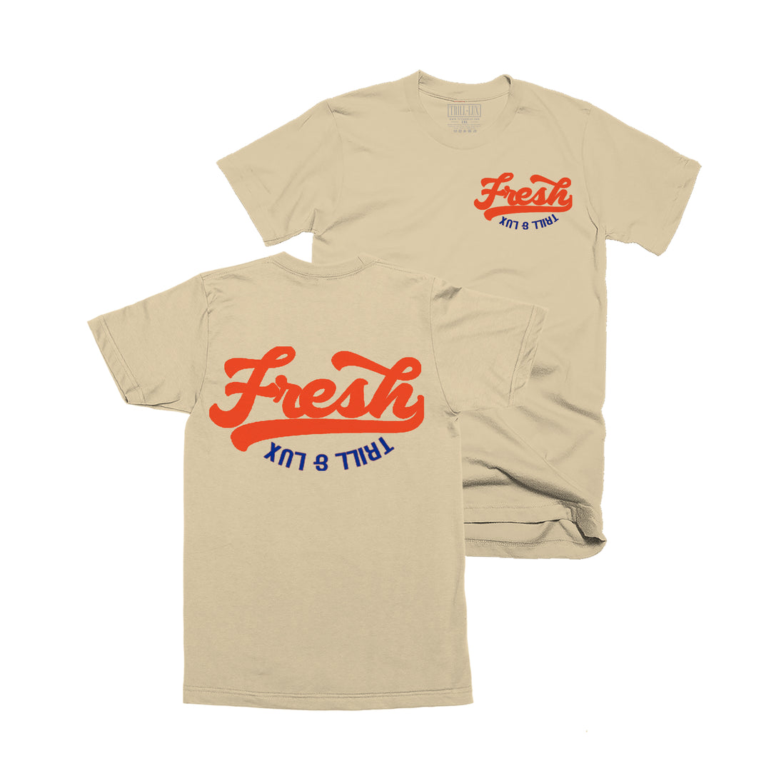 Tan T-shirt with an fresh design on front and back made to match jordan 1 rare air sneakers