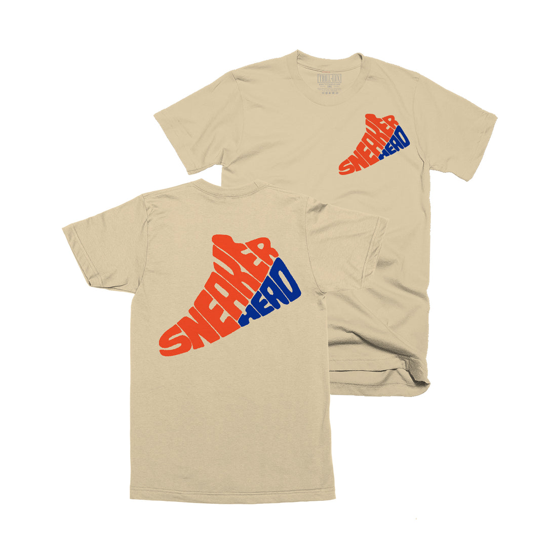 Tan T-shirt with an sneakerhead design on front and back made to match jordan 1 rare air sneakers