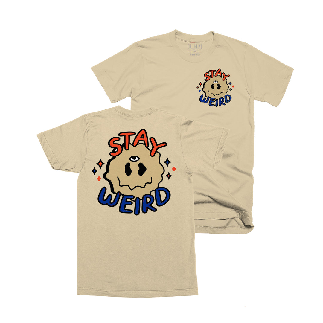 Tan T-shirt with an stay weird design on front and back made to match jordan 1 rare air sneakers