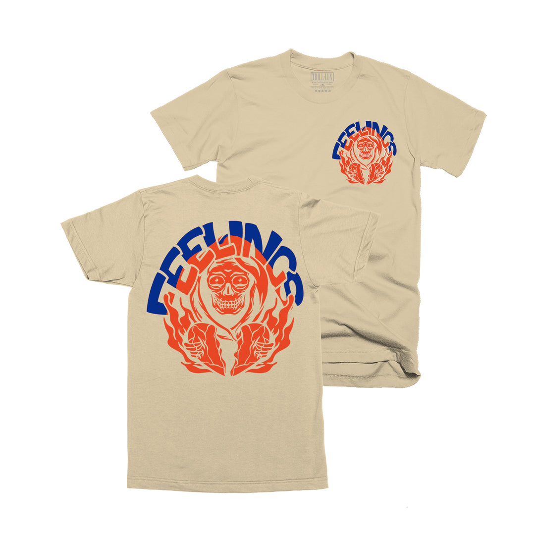 Tan T-shirt with an Skull holding heart with the word feelings on top design on front and back made to match jordan 1 rare air sneakers