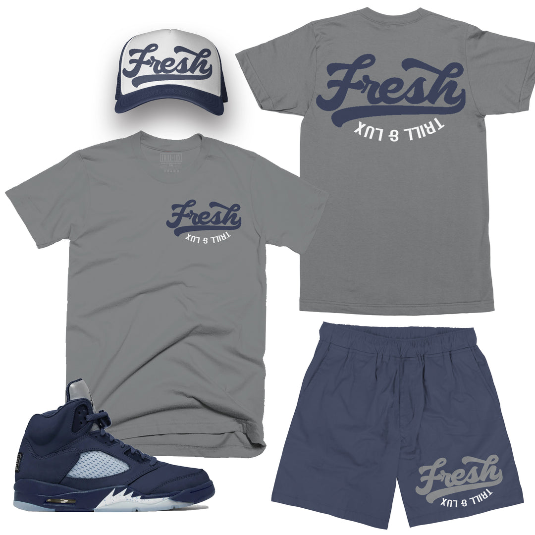 Fresh | Retro Air Jordan 5 Georgetown T-shirt, Shorts & Trucker Hat