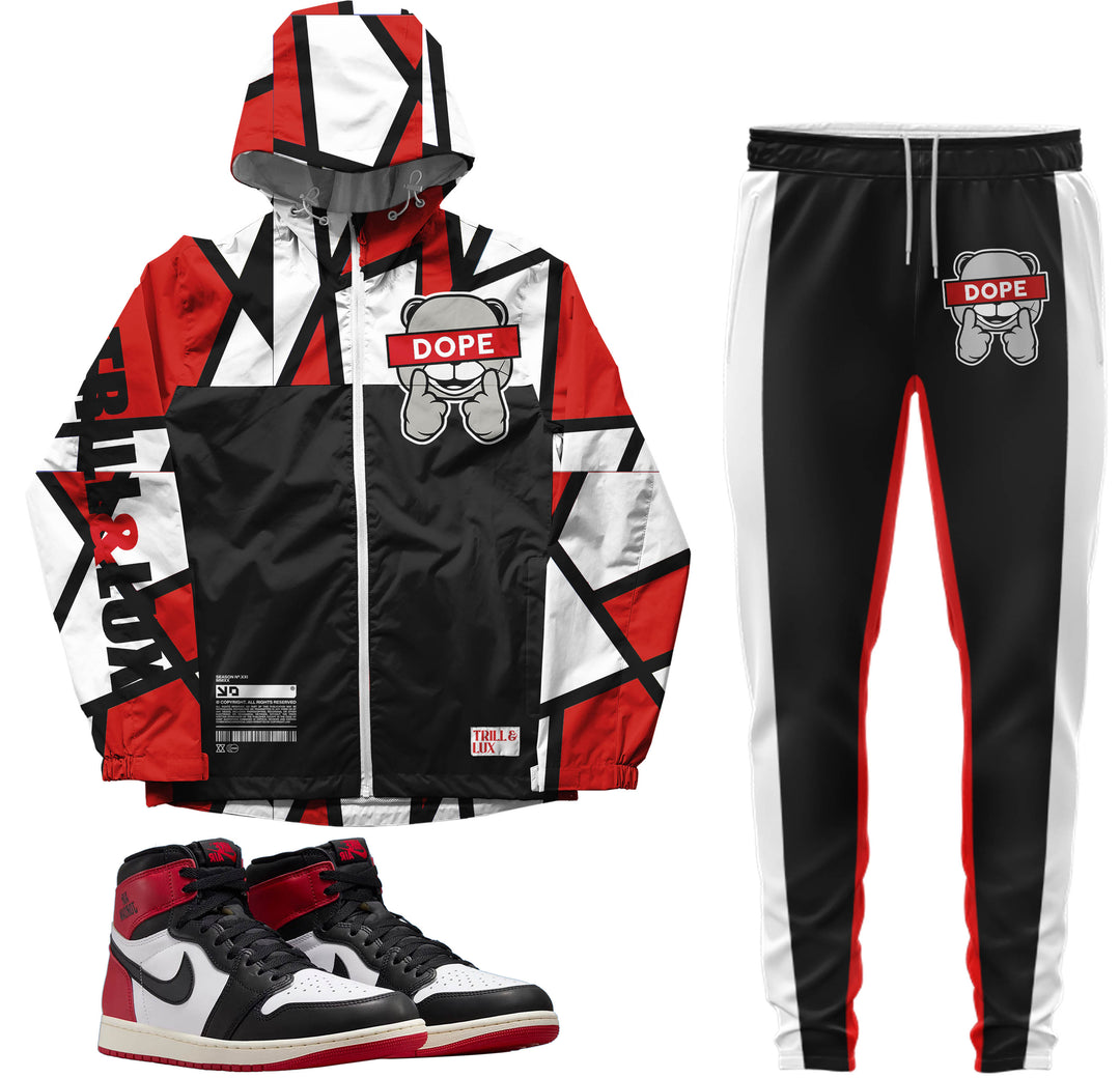 black, red and white color block  windbreaker jacket and jogger outfit set with dope bear on front made to match jordan 1 black toe Reimagined shoes