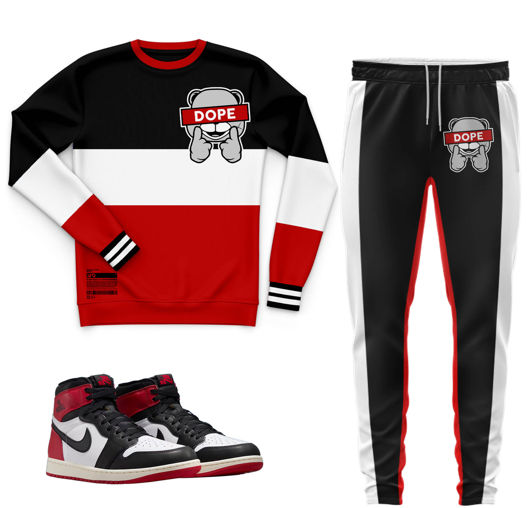 black, red and white sweatshirt and jogger outfit set with dope bear on front with color block stripes done the side made to match jordan 1 black toe Reimagined shoes