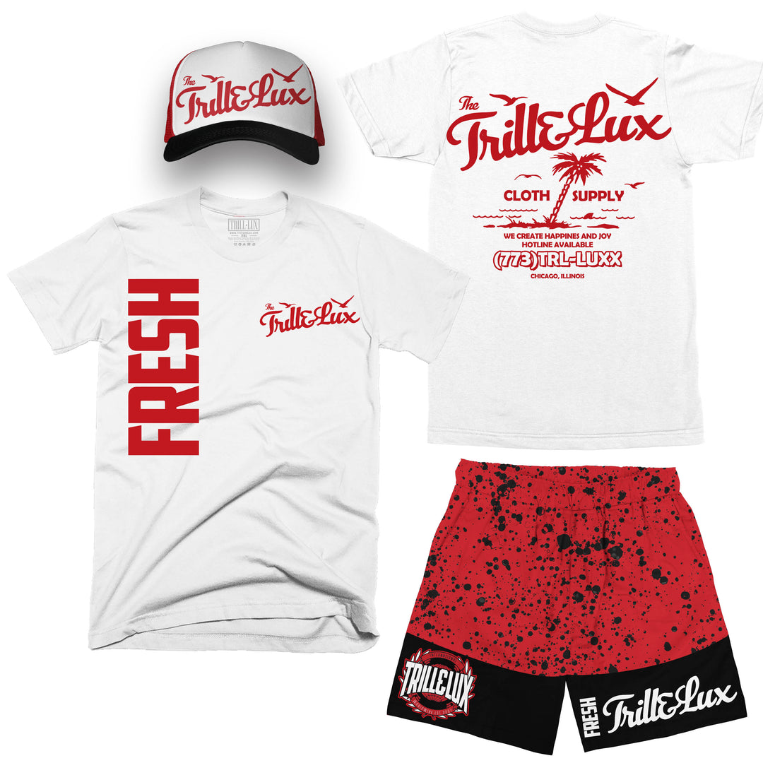 Fresh | Retro Air Jordan 4 Red Cement T-shirt, Shorts & Trucker Hat