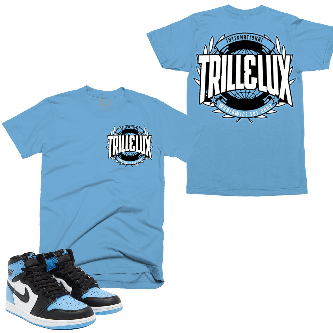 Trill and Lux Black and blue UNC t-shirt match jordan 1 university blue international graphic