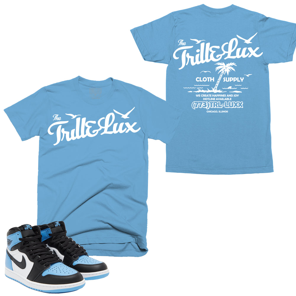 Trill and Lux Black and blue UNC t-shirt  match jordan 1 university blue palm tree graphic tee
