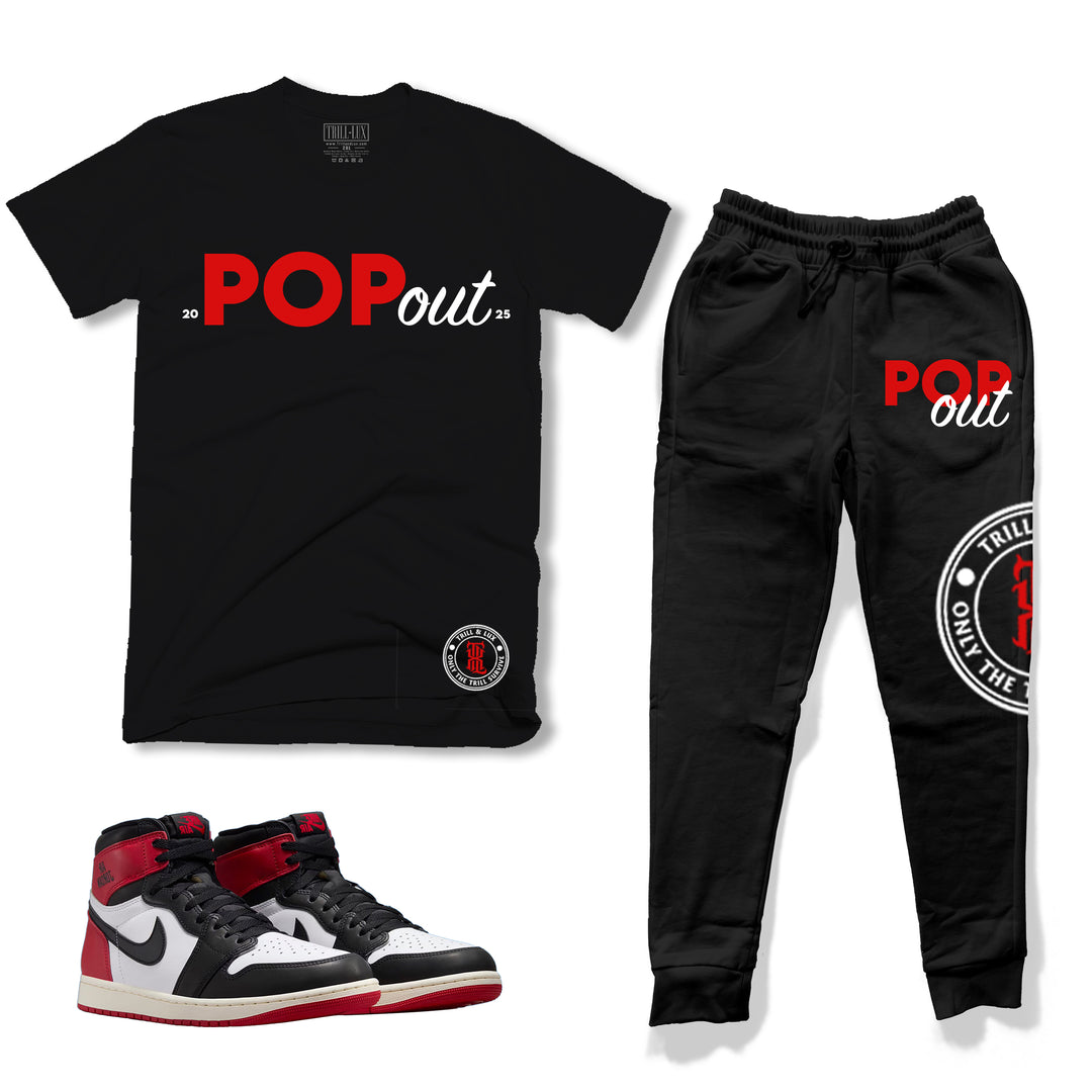 black cotton t-shirt and fleece jogger outfit set with pop out design made to match jordan 1 OG black toe reimagined