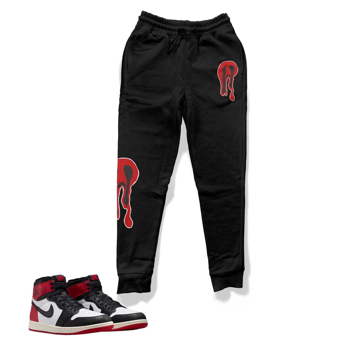 black and fleece jogger  with anxiety ghost design made to match jordan 1 OG black toe reimagined