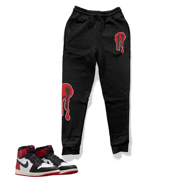 black and fleece jogger  with anxiety ghost design made to match jordan 1 OG black toe reimagined