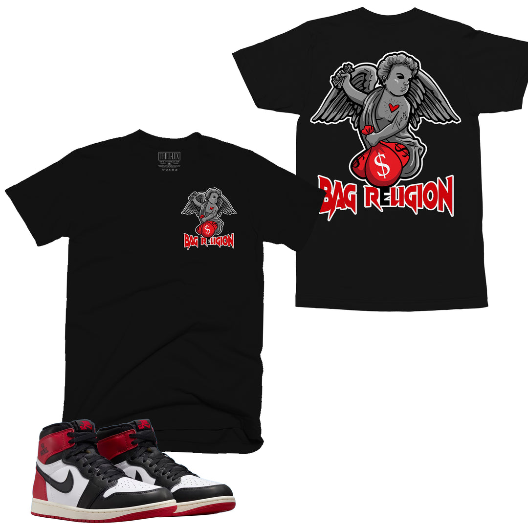 black tshirt with an angel design on front and back made to match jordan 1 black toe Reimagined shoes