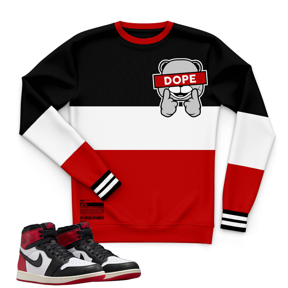 black white and red sweatshirt with dope bear design on front made to match jordan 1 black toe Reimagined shoes