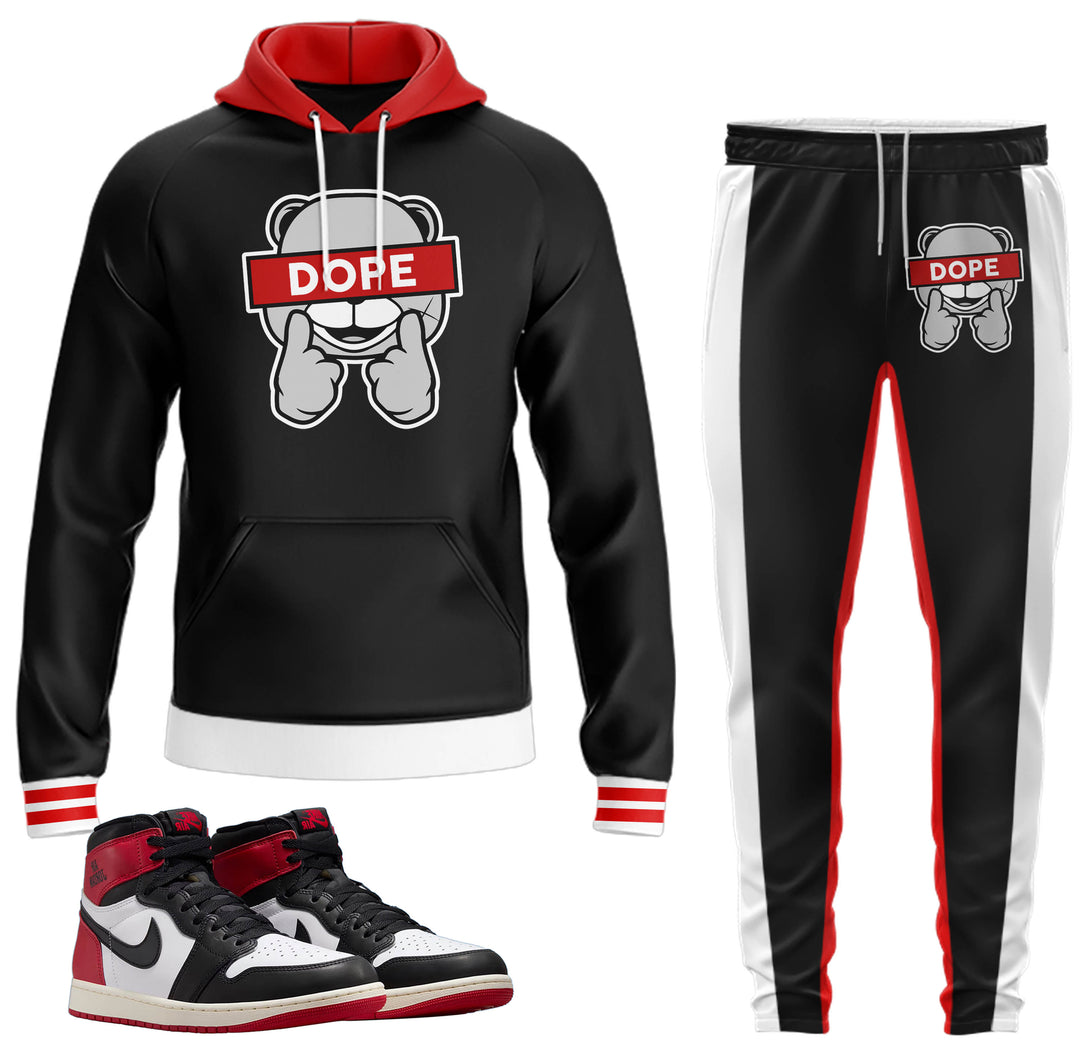 black, red and white color block  hoodie and jogger outfit set with dope bear on front made to match jordan 1 black toe Reimagined shoes