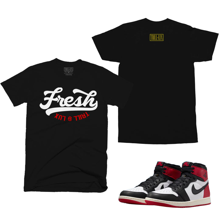 black T-shirt with fresh design on front and back made to match jordan 1 black toe Reimagined shoes