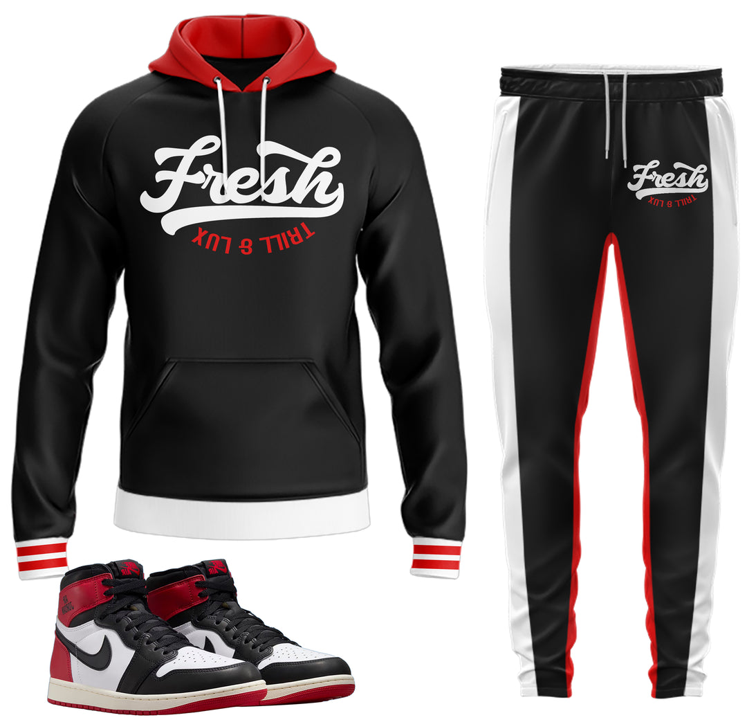 black, red and white color block hoodie and jogger outfit set with fresh on front made to match jordan 1 black toe Reimagined shoes