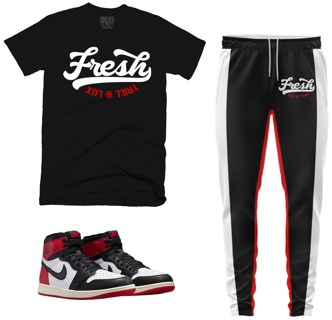 black t-shirt and jogger outfit set with fresh on front with color block stripes done the side made to match jordan 1 black toe Reimagined shoes