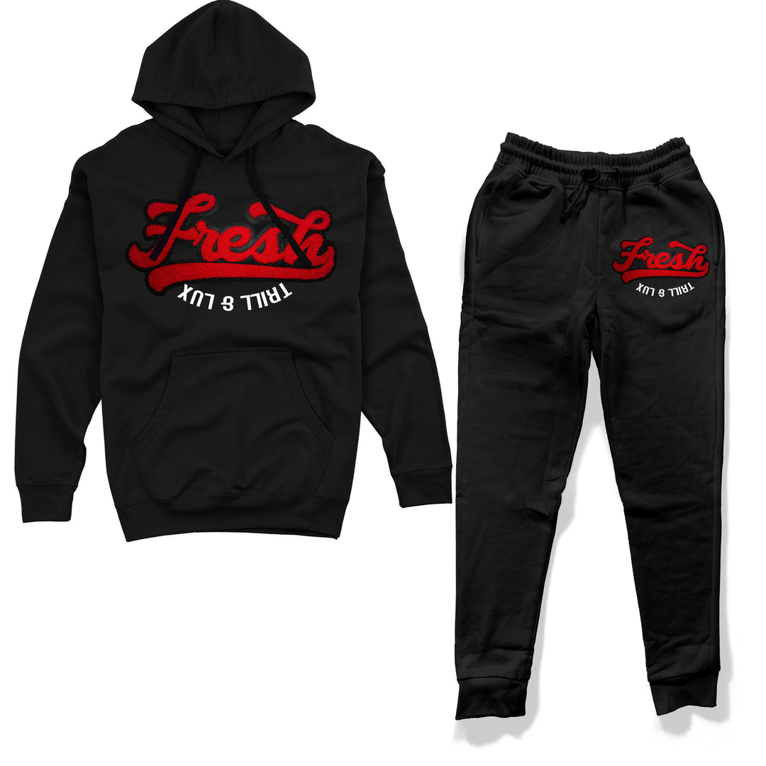 black fleece Hoodie and Jogger outfit set with Red and white Fresh chenille patch design made to match jordan 1 OG black toe reimagined