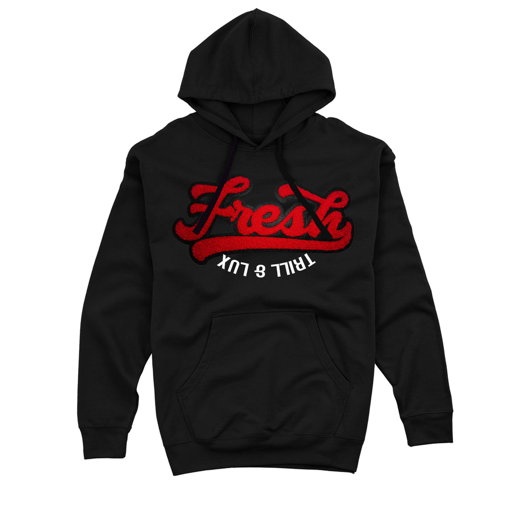 black fleece Hoodie with Red and white Fresh chenille patch design made to match jordan 1 OG black toe reimagined