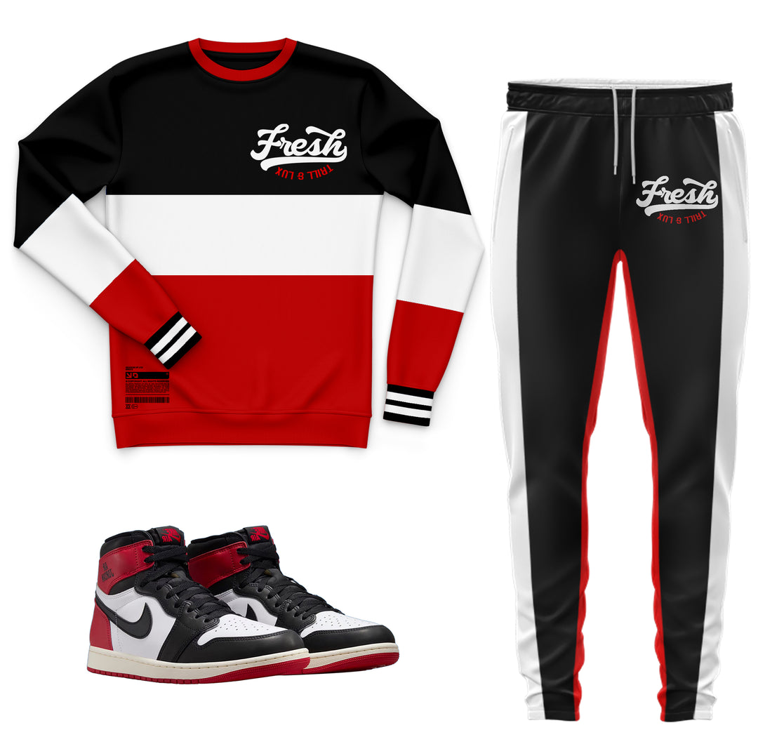 black sweatshirt and jogger outfit set with Fresh on front with color block stripes done the side made to match jordan 1 black toe Reimagined shoes