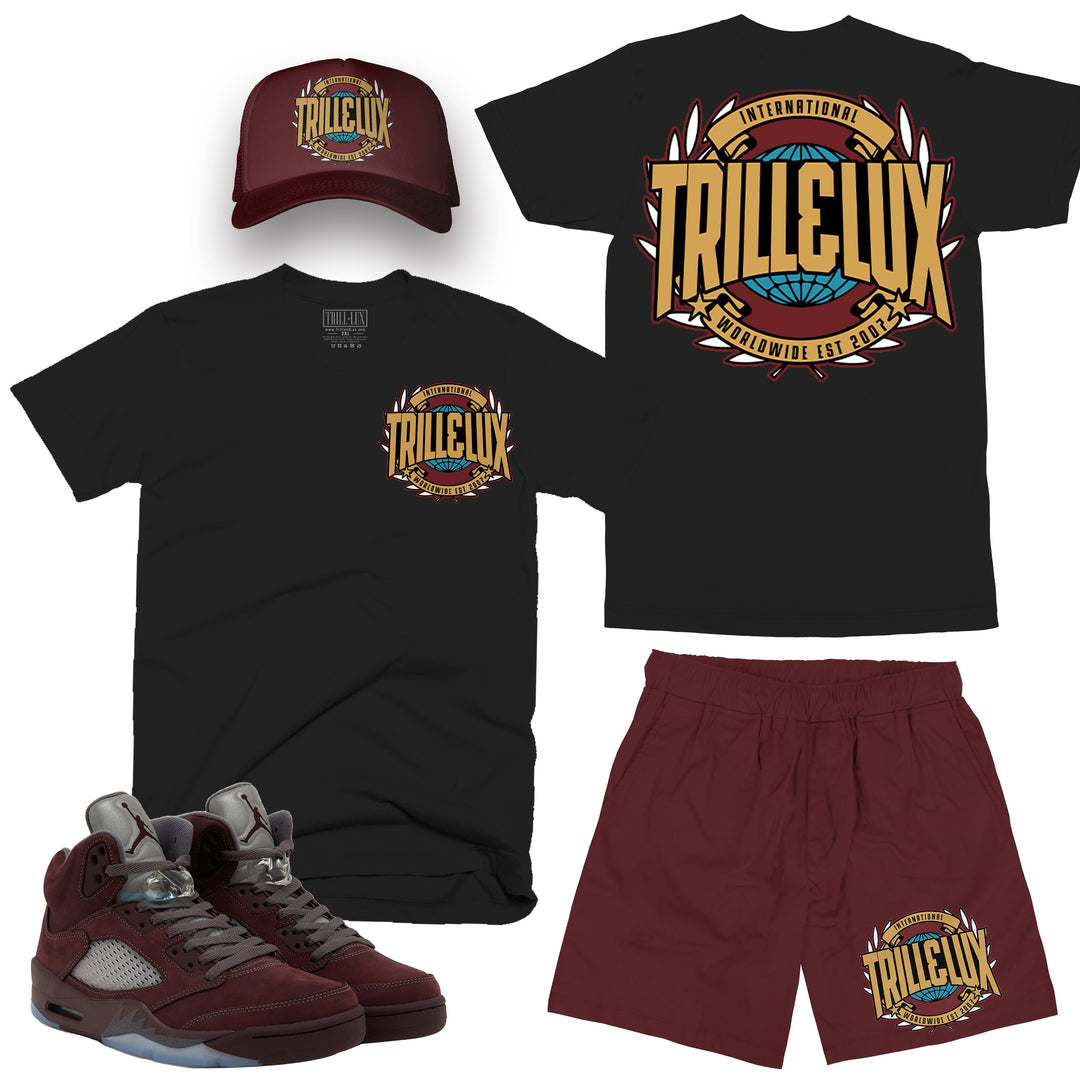 International | Retro Air Jordan 5 Burgundy T-shirt, Shorts & Trucker Hat