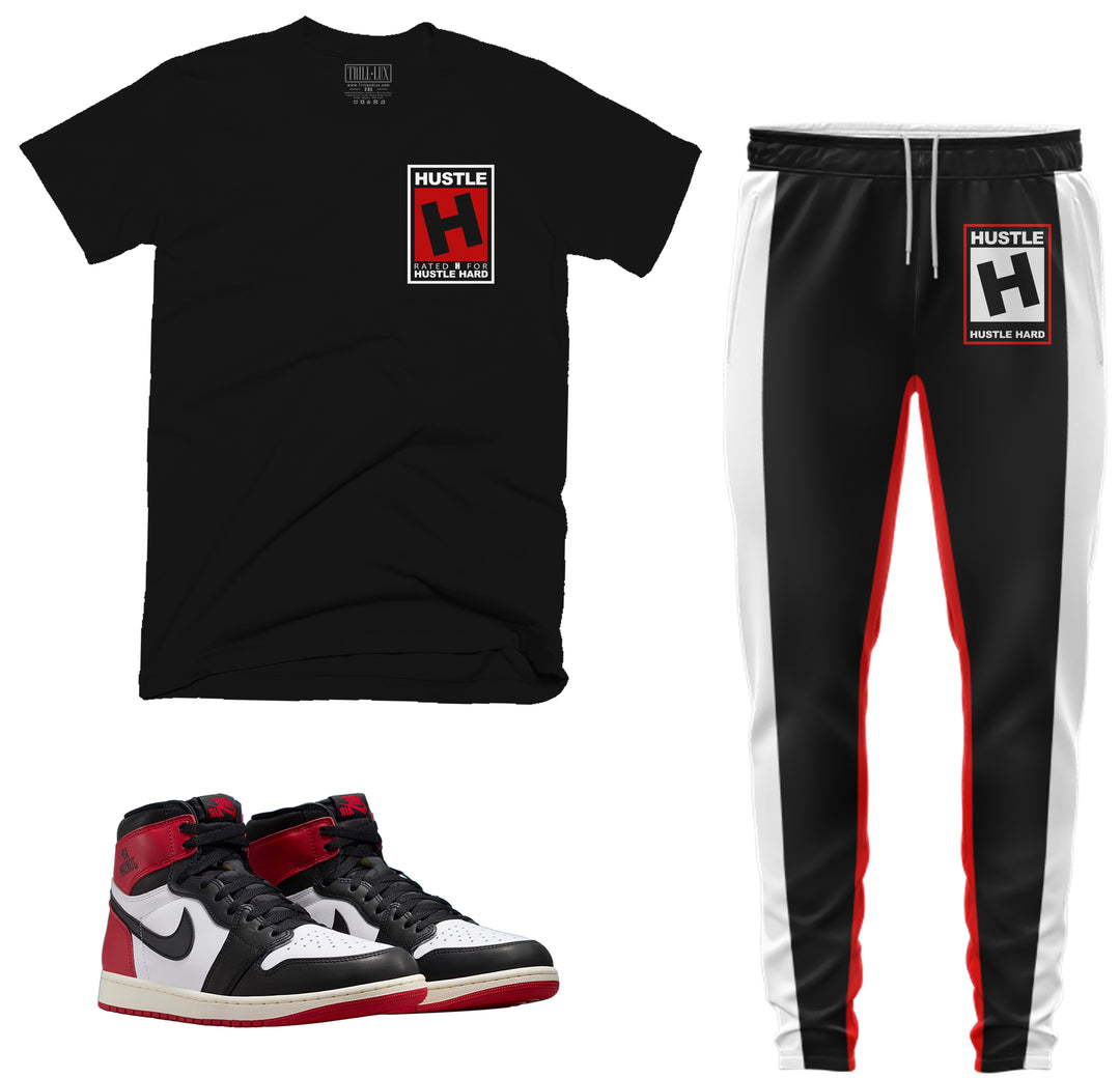 black T-shirt and jogger outfit set with rated hustle on front and back made to match jordan 1 black toe Reimagined shoes
