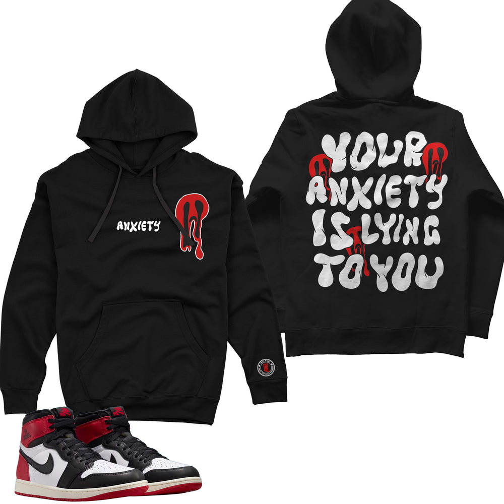 black front and back fleece Hoodie with Red and white Anxiety ghost design made to match jordan 1 OG black toe reimagined The back reads your anxiety is lying to you