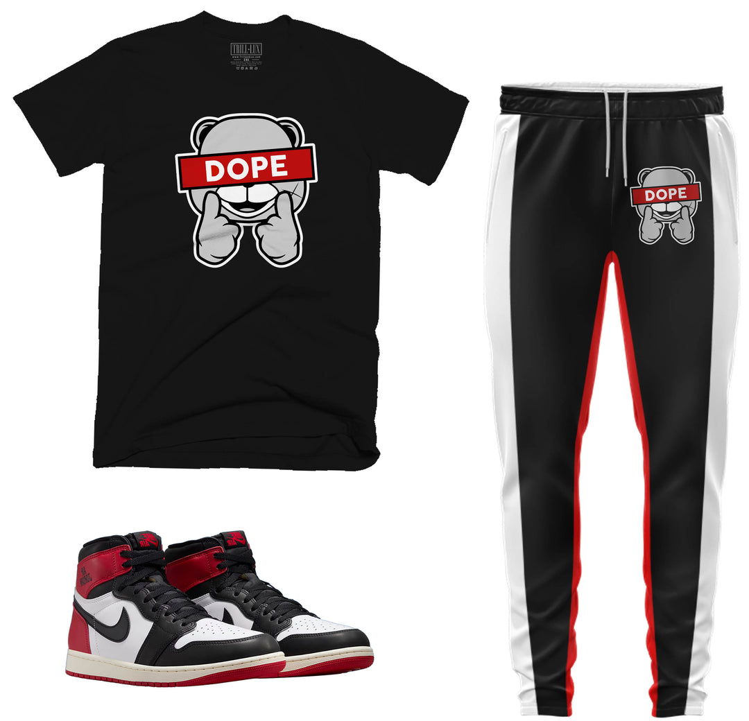 black t-shirt and jogger outfit set with dope bear on front with color block stripes done the side made to match jordan 1 black toe Reimagined shoes